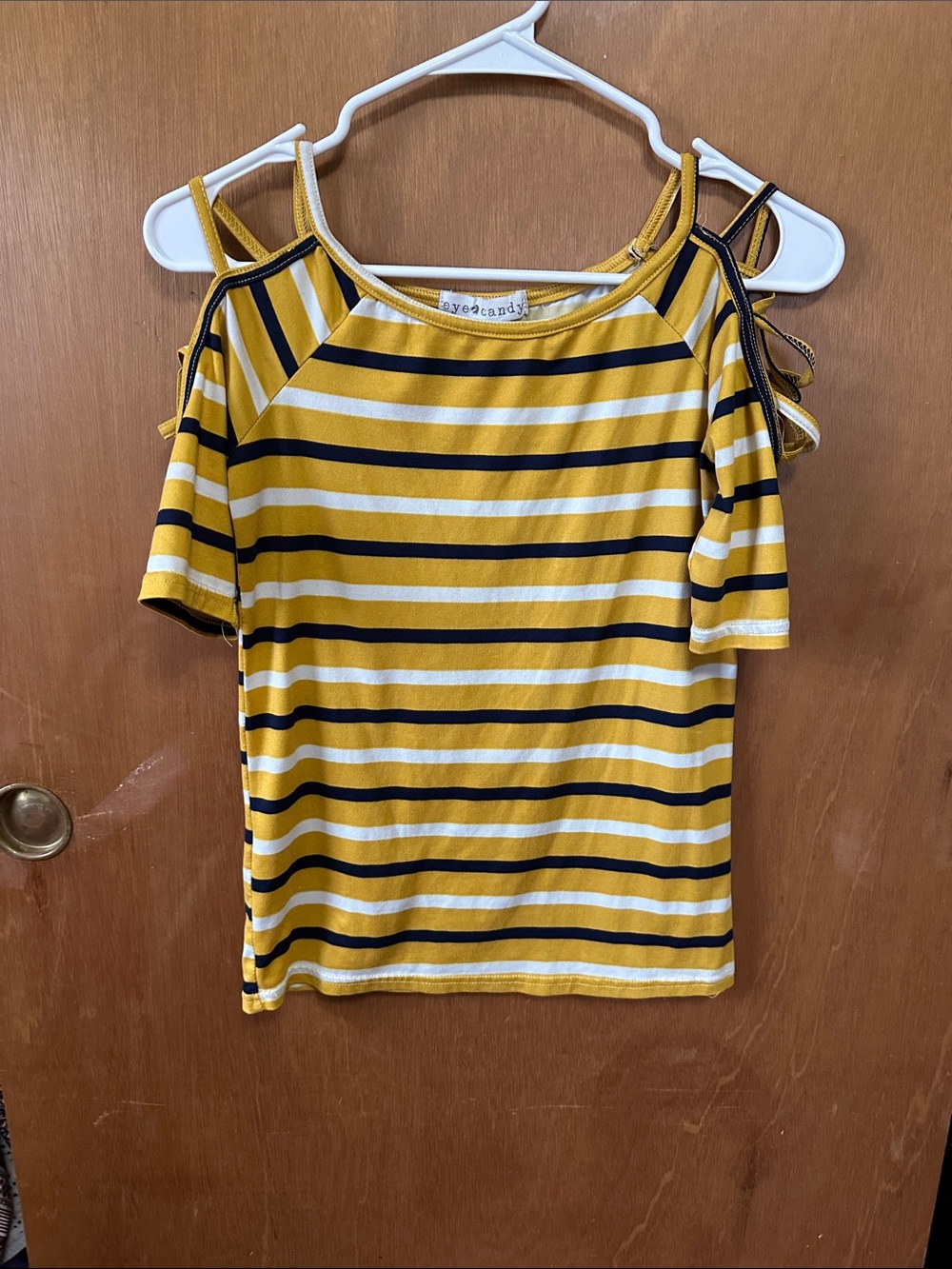 eye candy Yellow, Black & White Striped Cold-Shoulder Tee